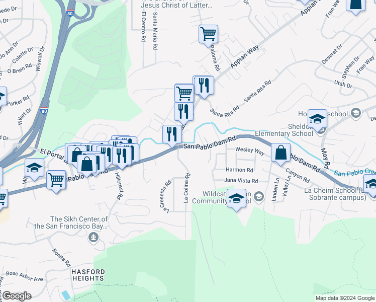 map of restaurants, bars, coffee shops, grocery stores, and more near 1930 San Pablo Dam Road in El Sobrante