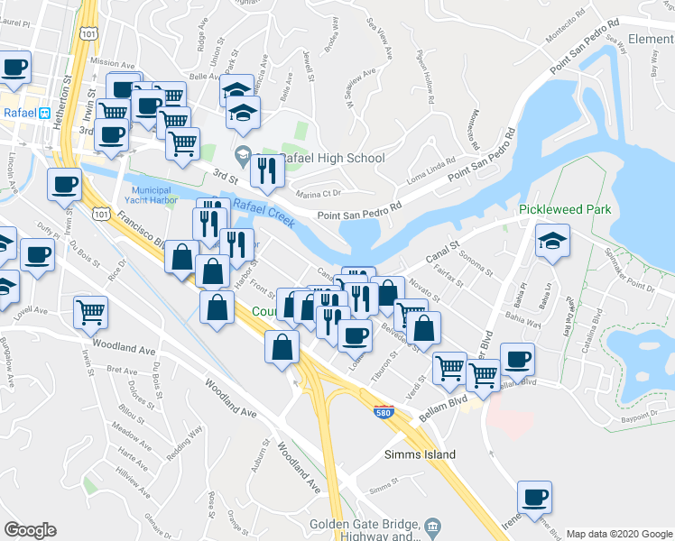 map of restaurants, bars, coffee shops, grocery stores, and more near 460 Canal Street in San Rafael