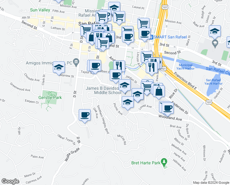map of restaurants, bars, coffee shops, grocery stores, and more near 615 Lindaro Street in San Rafael