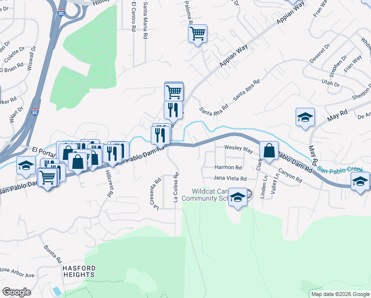 map of restaurants, bars, coffee shops, grocery stores, and more near 1930 San Pablo Dam Road in El Sobrante