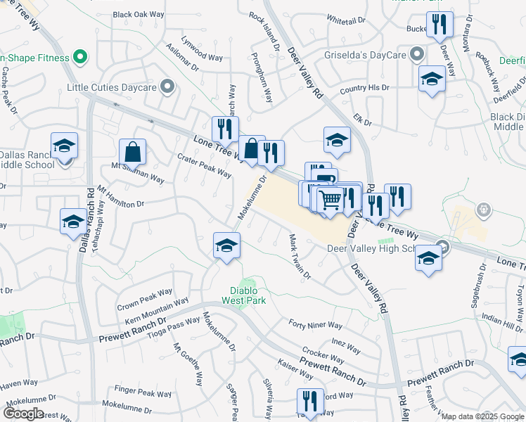 map of restaurants, bars, coffee shops, grocery stores, and more near 2117 Mark Twain Drive in Antioch