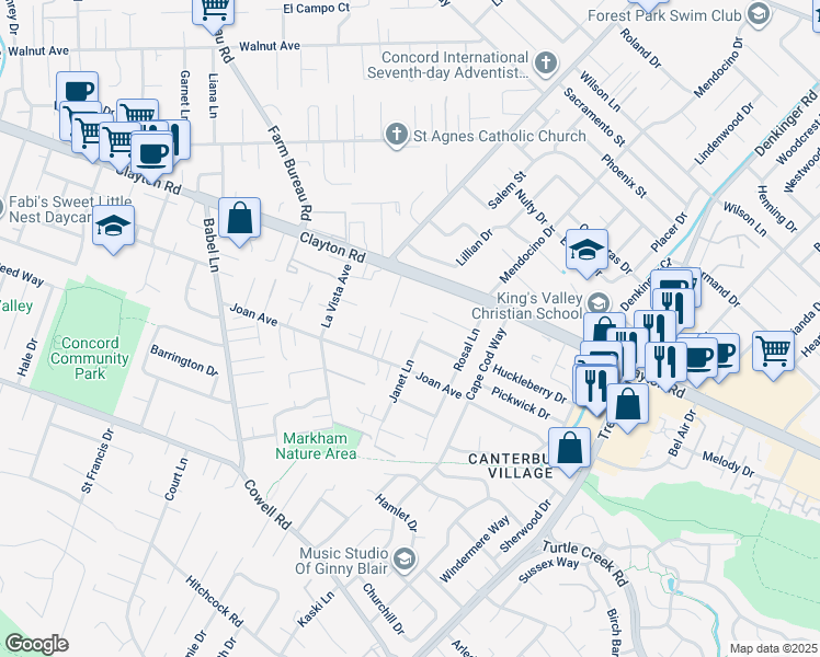 map of restaurants, bars, coffee shops, grocery stores, and more near 1437 Janet Lane in Concord