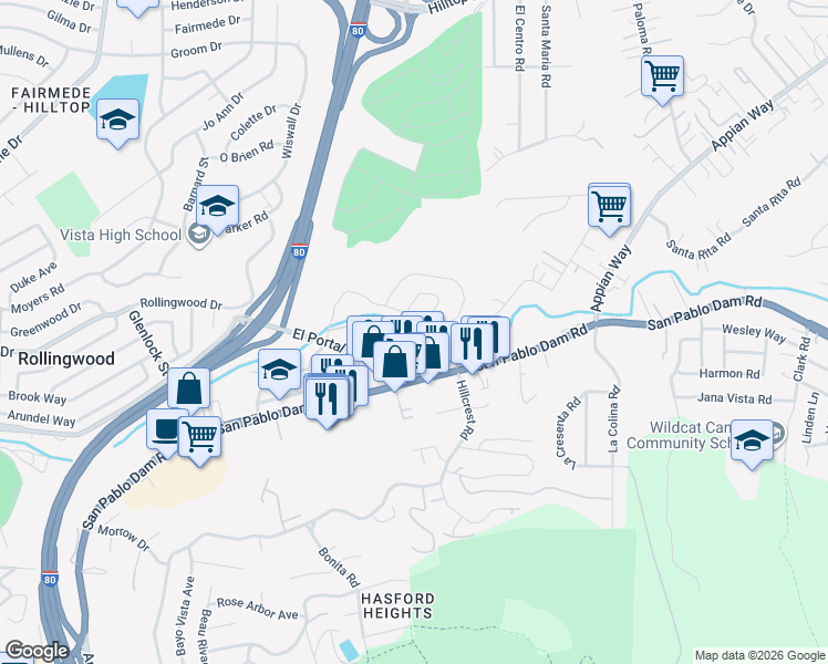 map of restaurants, bars, coffee shops, grocery stores, and more near 3802 Vía Verdi in Richmond