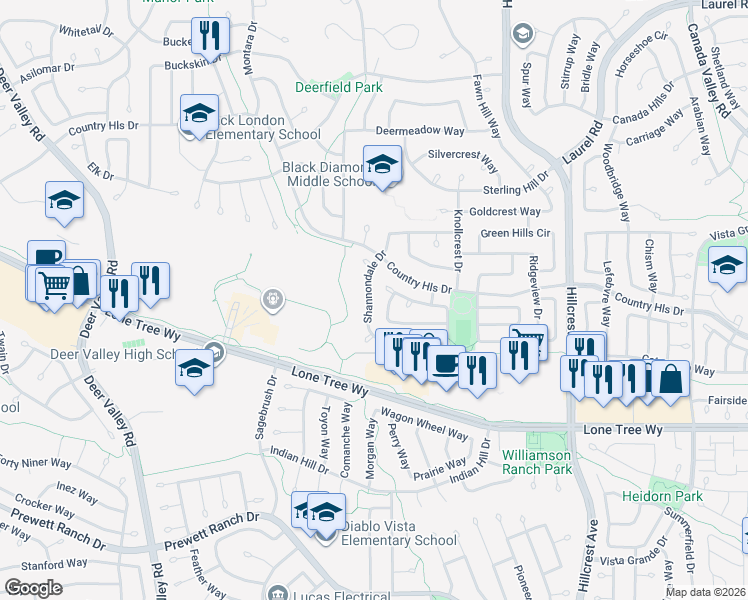 map of restaurants, bars, coffee shops, grocery stores, and more near 4524 Shannondale Drive in Antioch