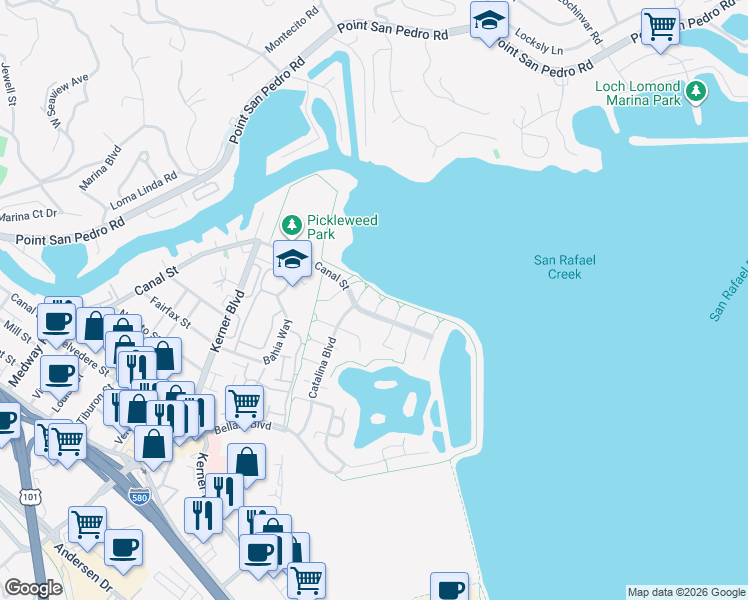 map of restaurants, bars, coffee shops, grocery stores, and more near 22 Salem Cove in San Rafael