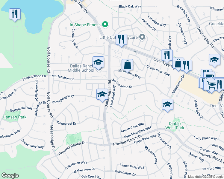 map of restaurants, bars, coffee shops, grocery stores, and more near 5120 Tehachapi Way in Antioch