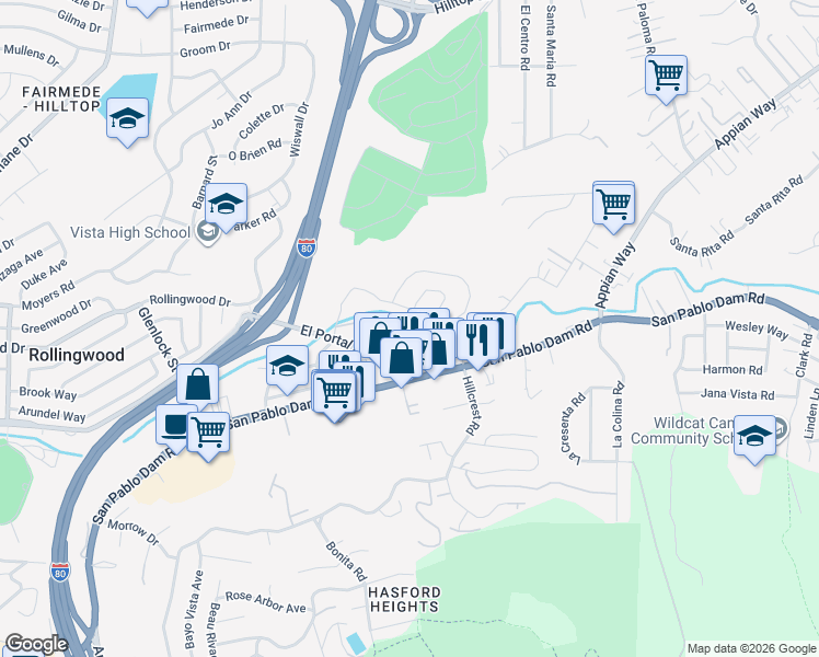 map of restaurants, bars, coffee shops, grocery stores, and more near 3786 Vía Verdi in Richmond