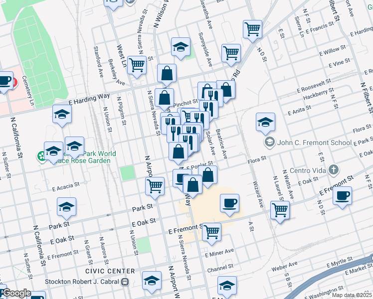 map of restaurants, bars, coffee shops, grocery stores, and more near 969 E Waterloo Road in Stockton