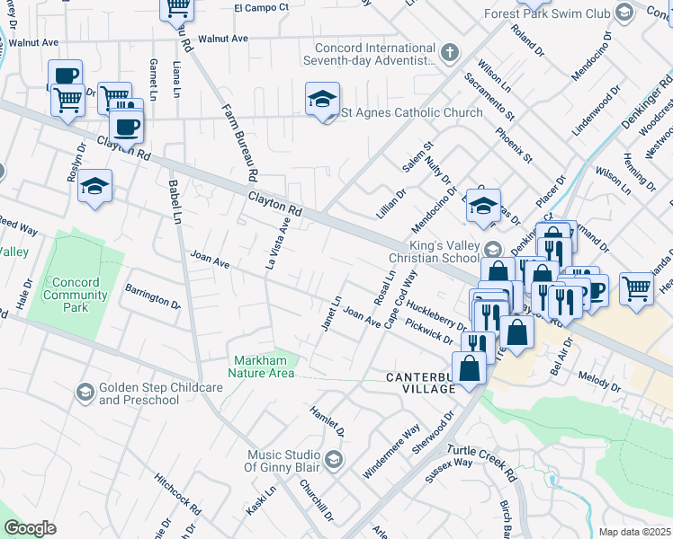 map of restaurants, bars, coffee shops, grocery stores, and more near 1437 Janet Lane in Concord