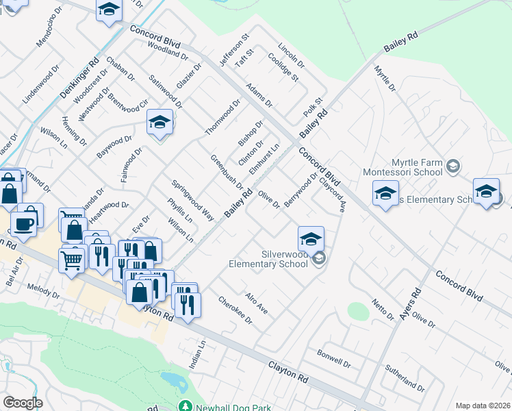 map of restaurants, bars, coffee shops, grocery stores, and more near 1730 Curletto Drive in Concord