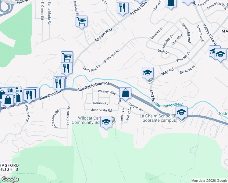 map of restaurants, bars, coffee shops, grocery stores, and more near 4430 San Pablo Dam Road in El Sobrante