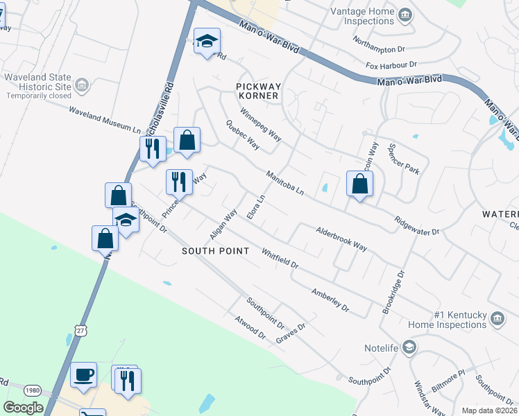 map of restaurants, bars, coffee shops, grocery stores, and more near 4078 Elora Lane in Lexington