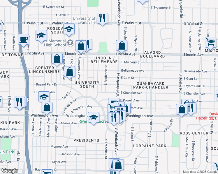map of restaurants, bars, coffee shops, grocery stores, and more near 1904 Bayard Park Drive in Evansville