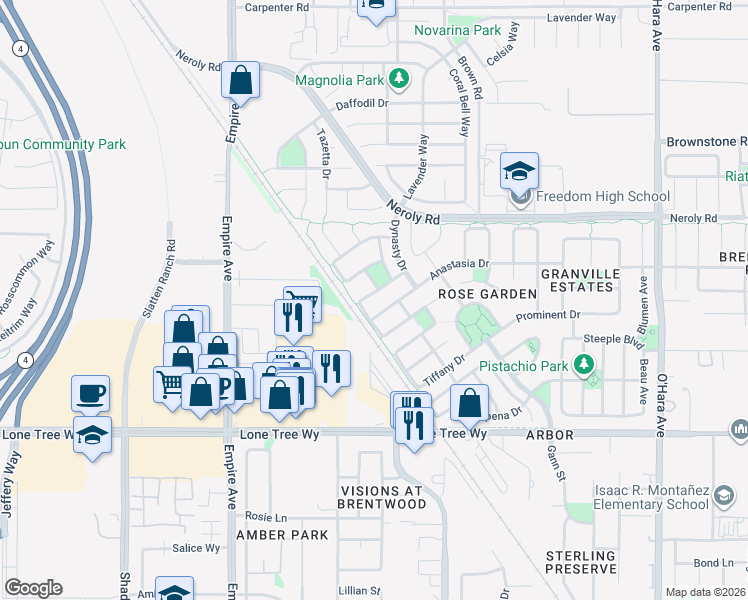 map of restaurants, bars, coffee shops, grocery stores, and more near 1669 Marina Way in Brentwood