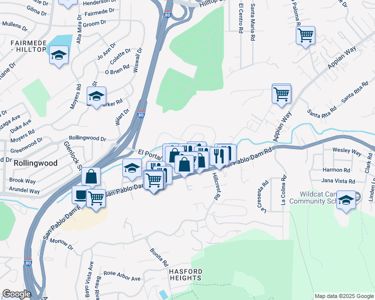 map of restaurants, bars, coffee shops, grocery stores, and more near 3760 Vía Verdi in Richmond