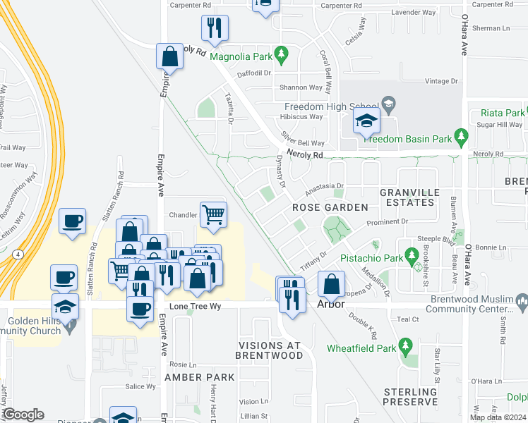 map of restaurants, bars, coffee shops, grocery stores, and more near 1669 Marina Way in Brentwood