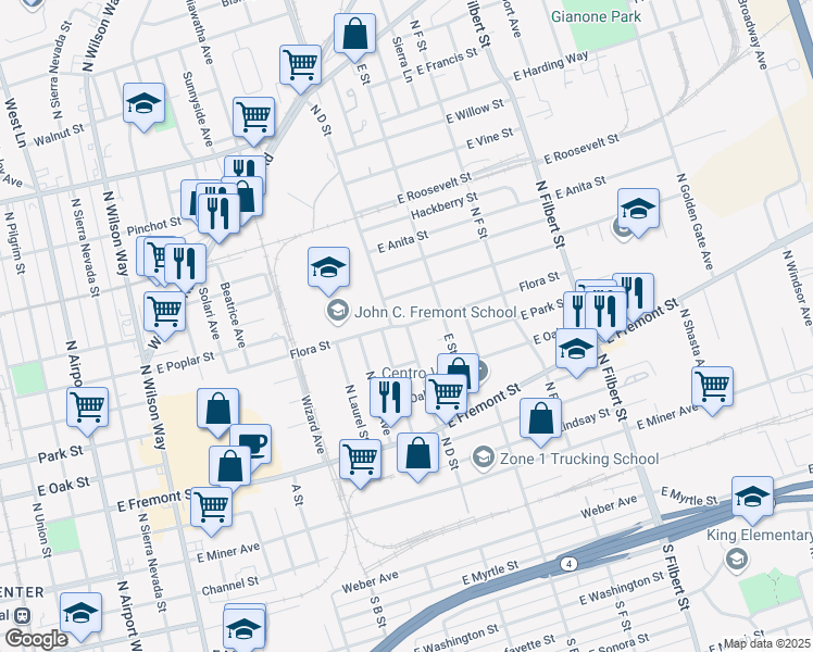 map of restaurants, bars, coffee shops, grocery stores, and more near 975 North D Street in Stockton
