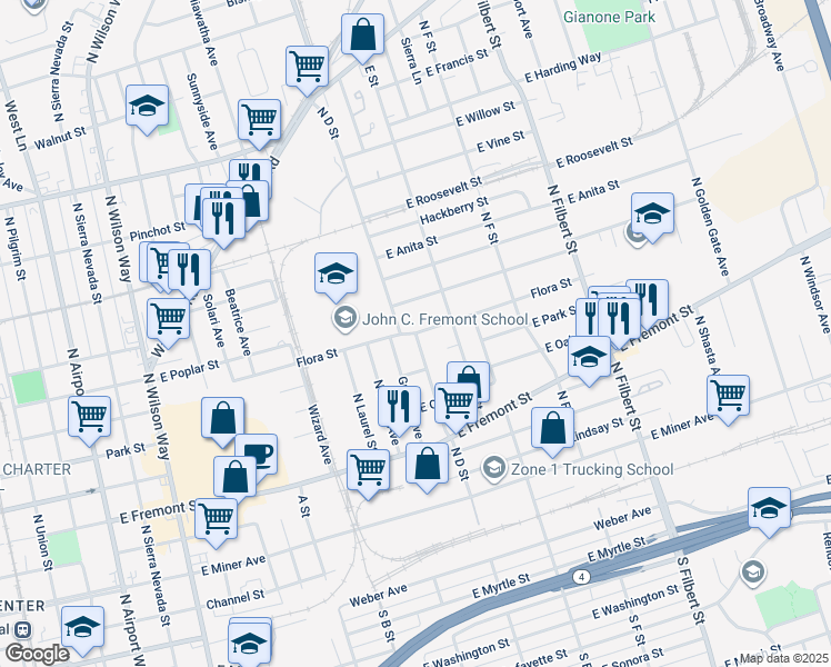 map of restaurants, bars, coffee shops, grocery stores, and more near 975 North D Street in Stockton