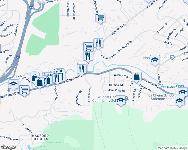 map of restaurants, bars, coffee shops, grocery stores, and more near 4184 San Pablo Dam Road in El Sobrante