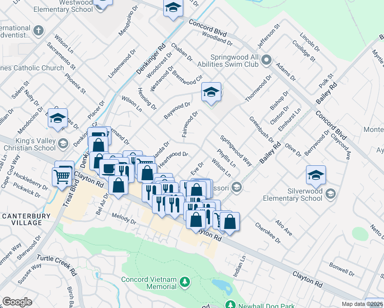 map of restaurants, bars, coffee shops, grocery stores, and more near 4392 Wilson Lane in Concord