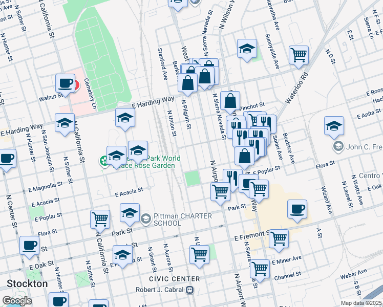 map of restaurants, bars, coffee shops, grocery stores, and more near 1061 North Pilgrim Street in Stockton