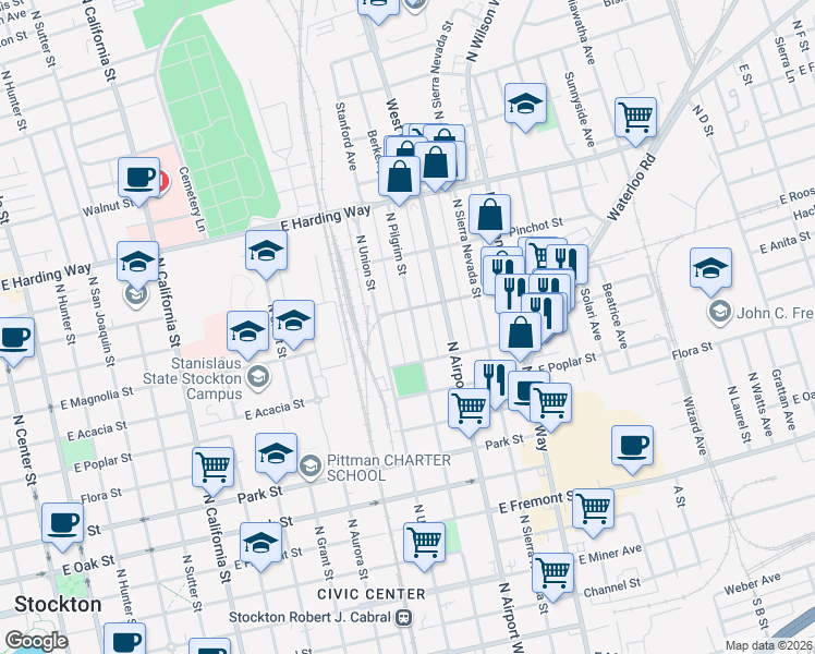 map of restaurants, bars, coffee shops, grocery stores, and more near 1224 East Roosevelt Street in Stockton
