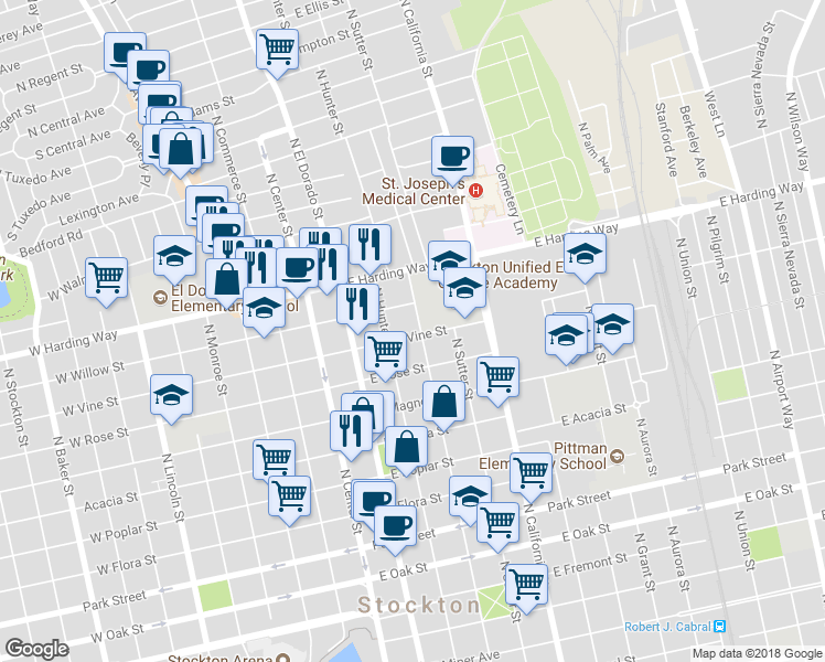 map of restaurants, bars, coffee shops, grocery stores, and more near 220 East Willow Street in Stockton