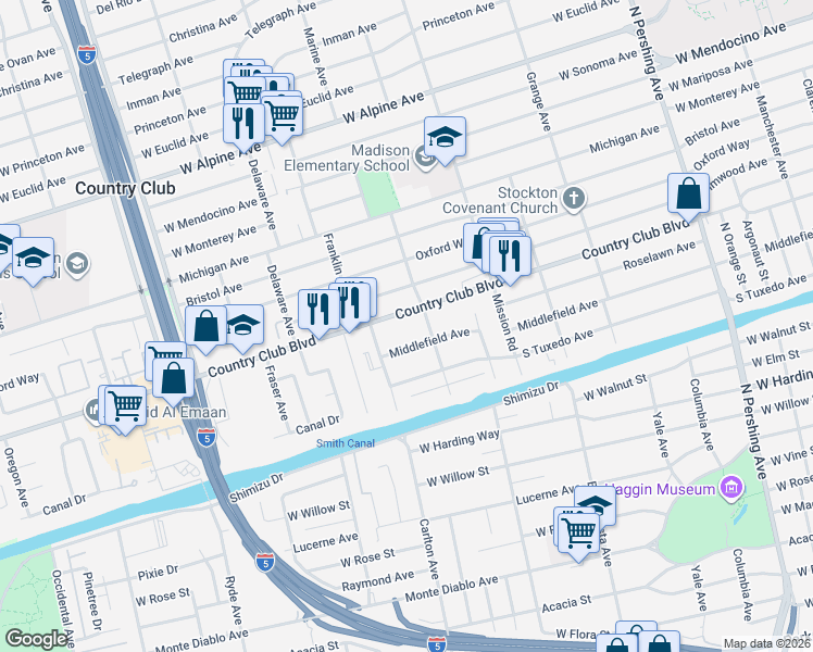 map of restaurants, bars, coffee shops, grocery stores, and more near 2346 Marine Avenue in Stockton