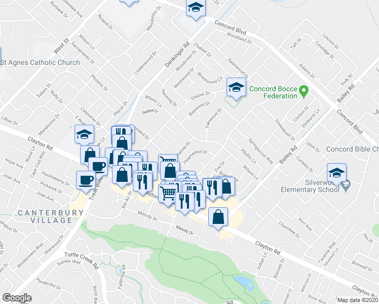 map of restaurants, bars, coffee shops, grocery stores, and more near 1573 Dianda Drive in Concord