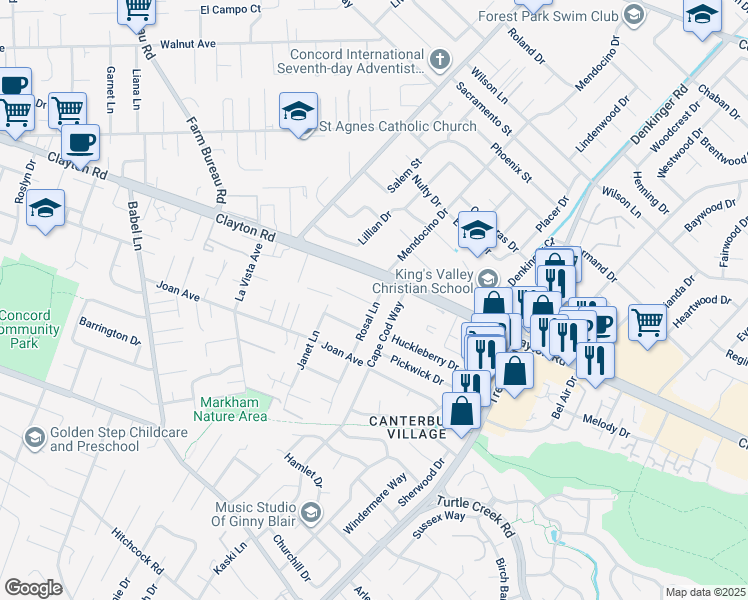 map of restaurants, bars, coffee shops, grocery stores, and more near 4041 Siino Avenue in Concord