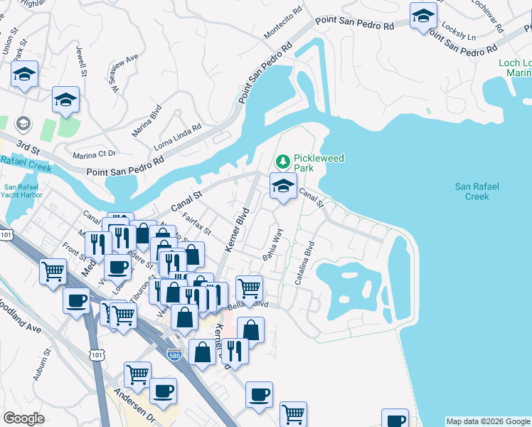 map of restaurants, bars, coffee shops, grocery stores, and more near 187 Bahia Circle in San Rafael