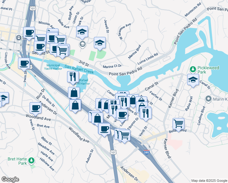 map of restaurants, bars, coffee shops, grocery stores, and more near 460 Canal Street in San Rafael