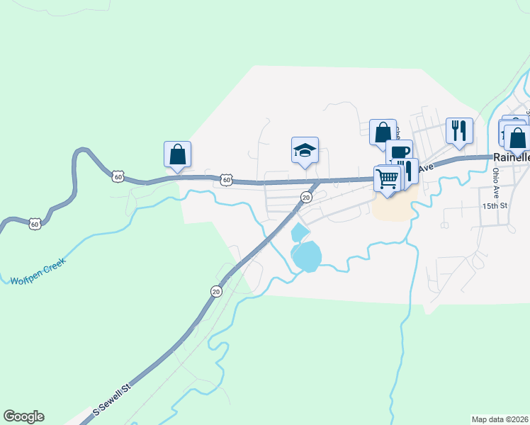 map of restaurants, bars, coffee shops, grocery stores, and more near in Rainelle