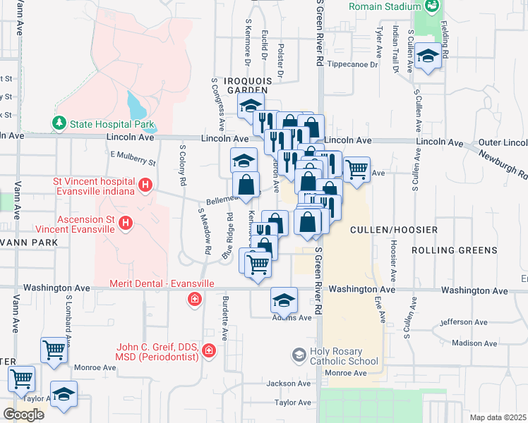 map of restaurants, bars, coffee shops, grocery stores, and more near 4405 Bellemeade Avenue in Evansville