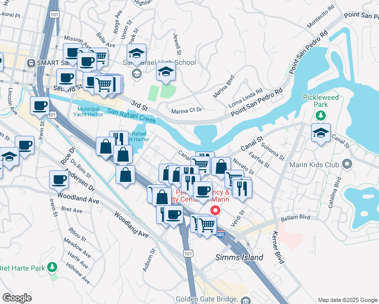 map of restaurants, bars, coffee shops, grocery stores, and more near 440 Canal Street in San Rafael
