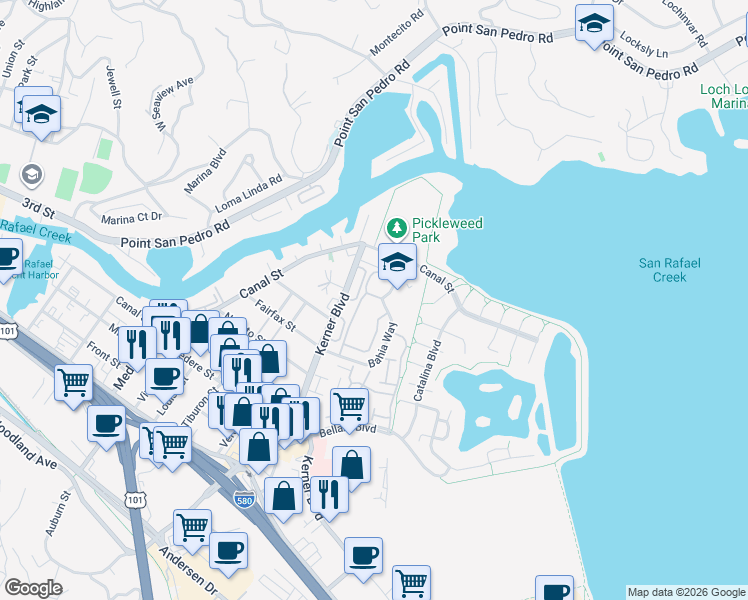 map of restaurants, bars, coffee shops, grocery stores, and more near 187 Bahia Circle in San Rafael