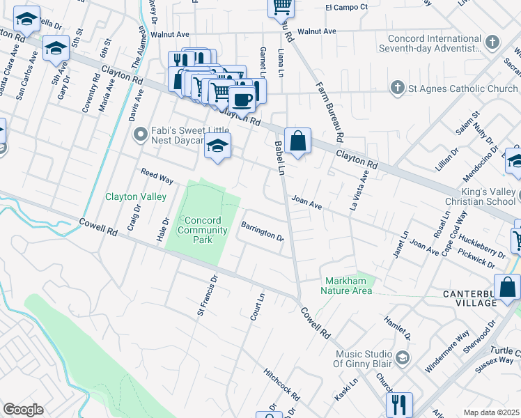map of restaurants, bars, coffee shops, grocery stores, and more near 3713 Merridan Drive in Concord