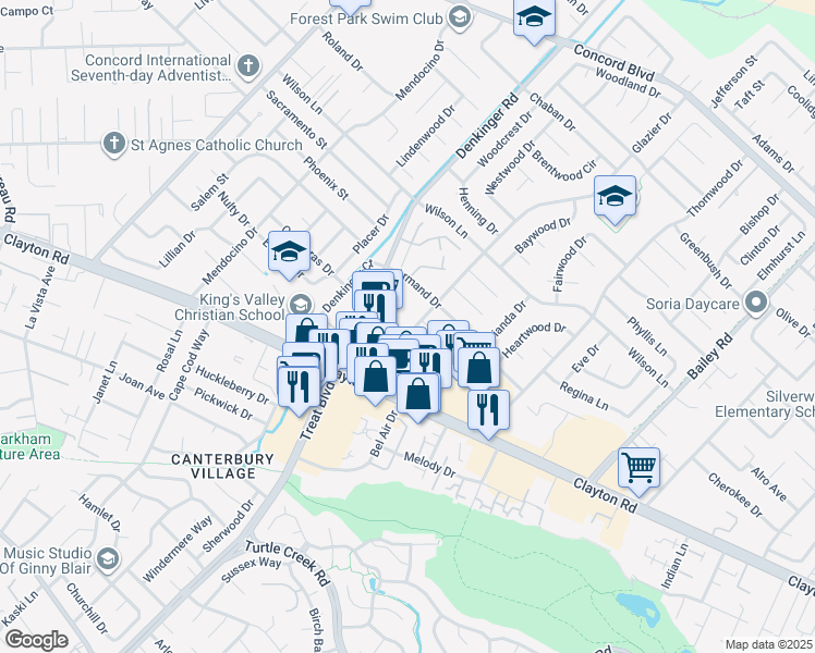 map of restaurants, bars, coffee shops, grocery stores, and more near 1567 Glazier Drive in Concord