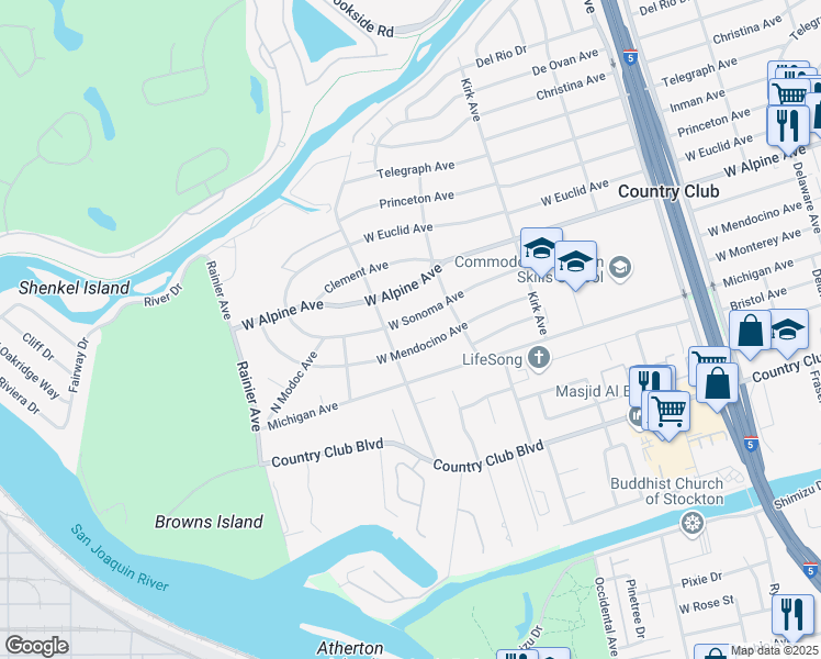 map of restaurants, bars, coffee shops, grocery stores, and more near 3328 West Sonoma Avenue in Stockton