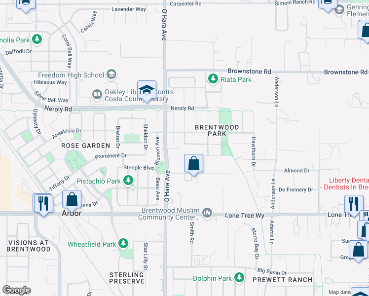 map of restaurants, bars, coffee shops, grocery stores, and more near 784 Begonia Drive in Brentwood