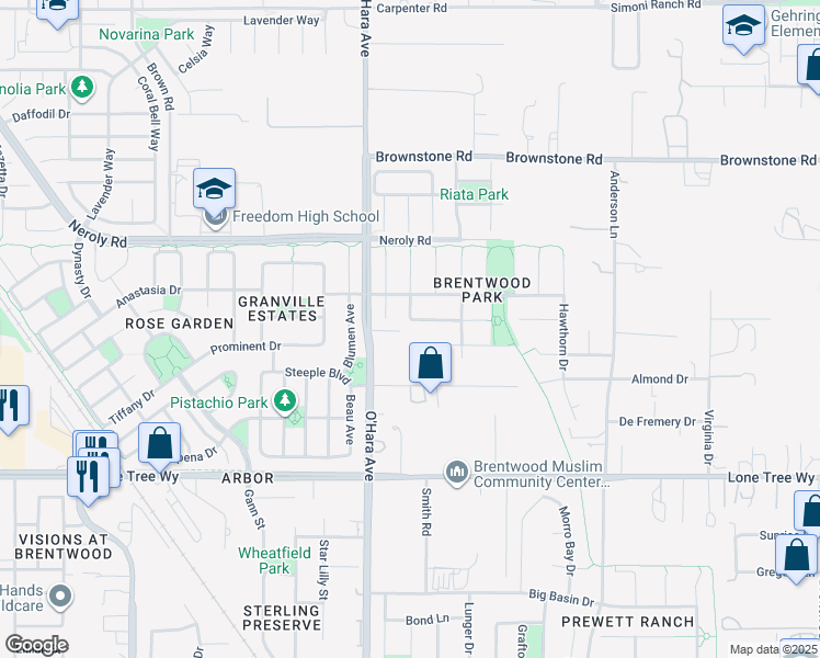 map of restaurants, bars, coffee shops, grocery stores, and more near 784 Begonia Drive in Brentwood
