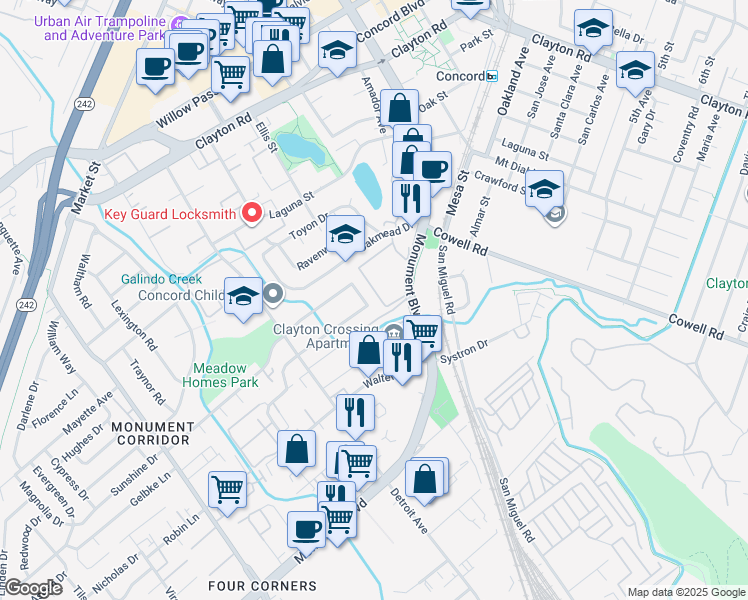 map of restaurants, bars, coffee shops, grocery stores, and more near 1310 Cross Way in Concord