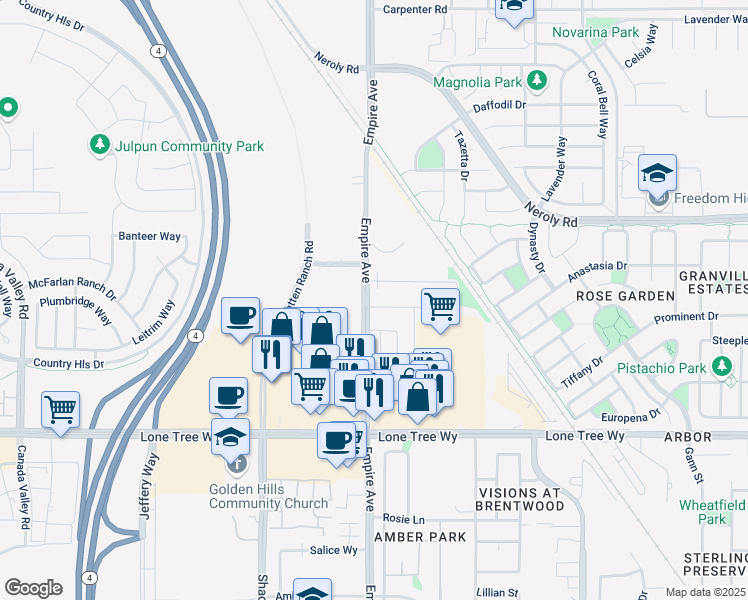 map of restaurants, bars, coffee shops, grocery stores, and more near 2800 Empire Avenue in Brentwood