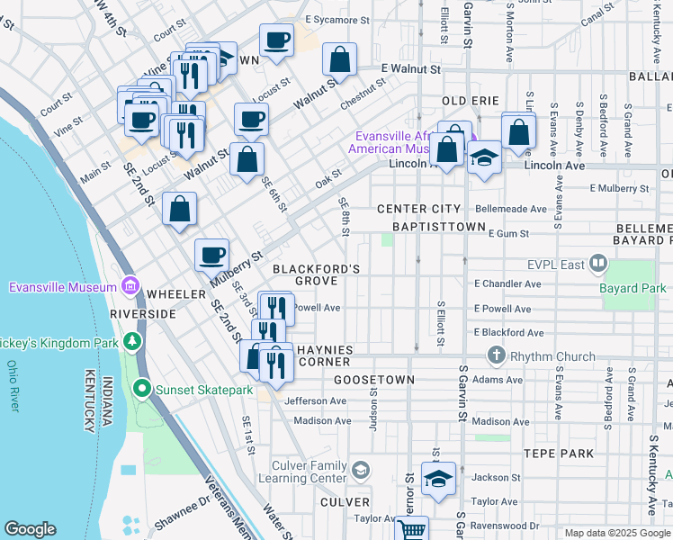 map of restaurants, bars, coffee shops, grocery stores, and more near 118 East Chandler Avenue in Evansville