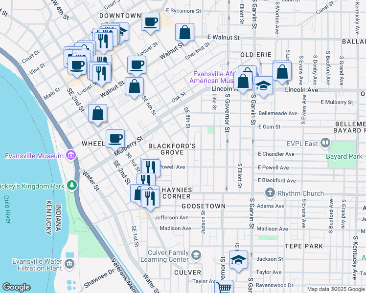 map of restaurants, bars, coffee shops, grocery stores, and more near 118 East Chandler Avenue in Evansville