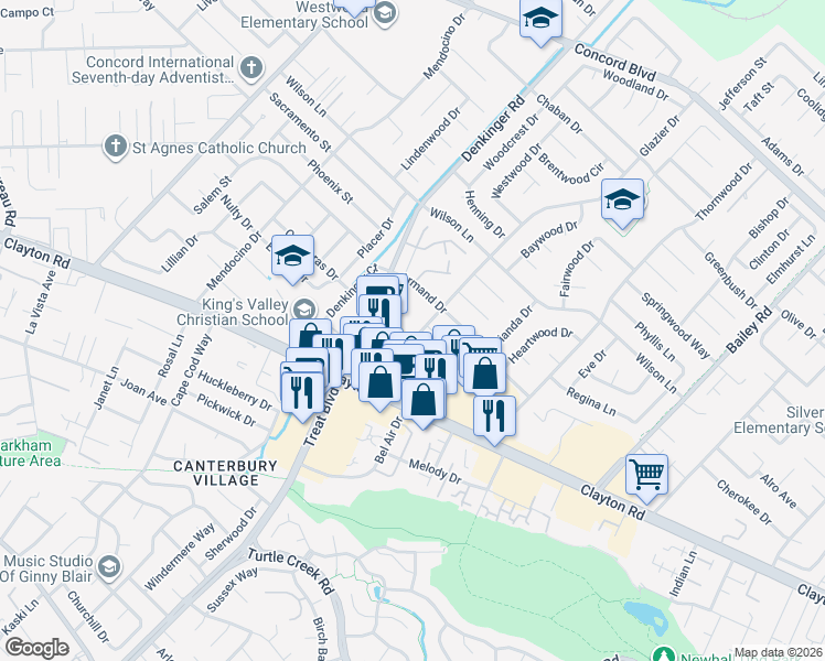 map of restaurants, bars, coffee shops, grocery stores, and more near 1567 Glazier Drive in Concord