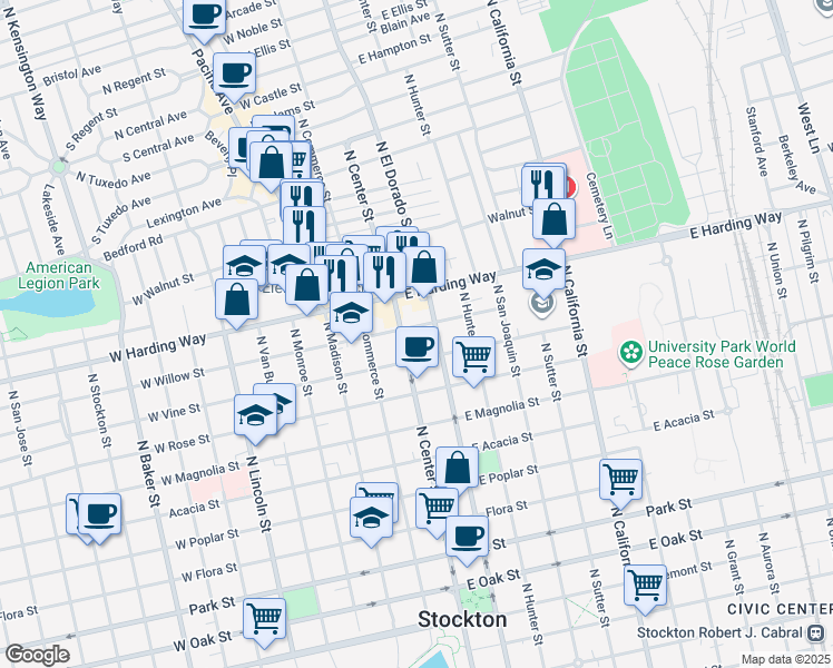 map of restaurants, bars, coffee shops, grocery stores, and more near 18 East Willow Street in Stockton