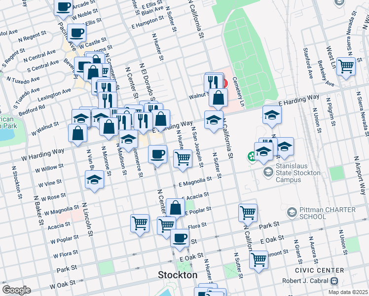 map of restaurants, bars, coffee shops, grocery stores, and more near 220 East Willow Street in Stockton