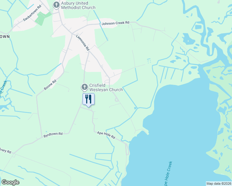 map of restaurants, bars, coffee shops, grocery stores, and more near 3093 William Maddox Road in Crisfield