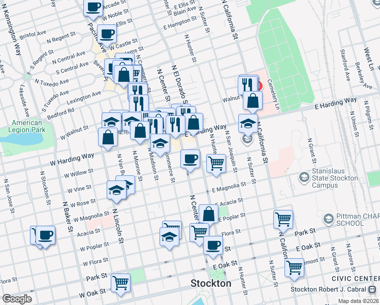 map of restaurants, bars, coffee shops, grocery stores, and more near 11 East Willow Street in Stockton